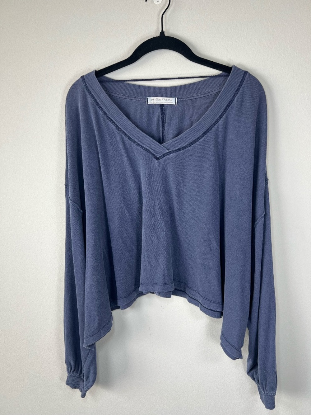 Free People We The Free Buffy Tee Shirt Blue Oversize Crop Long Sleeve Cotton XS